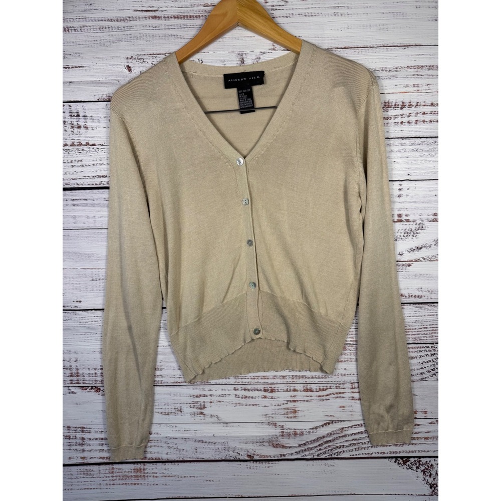 August Silk 100% Silk Cardigan Womens M Beige V Neck Button Front Lightweight